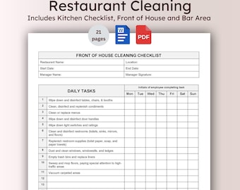 Sjabloon Checklist schoonmaakrestaurant Barruimte Reinigingsproceduresgids Schoonmaakschema voorkant Huis Verantwoordelijkheden bar