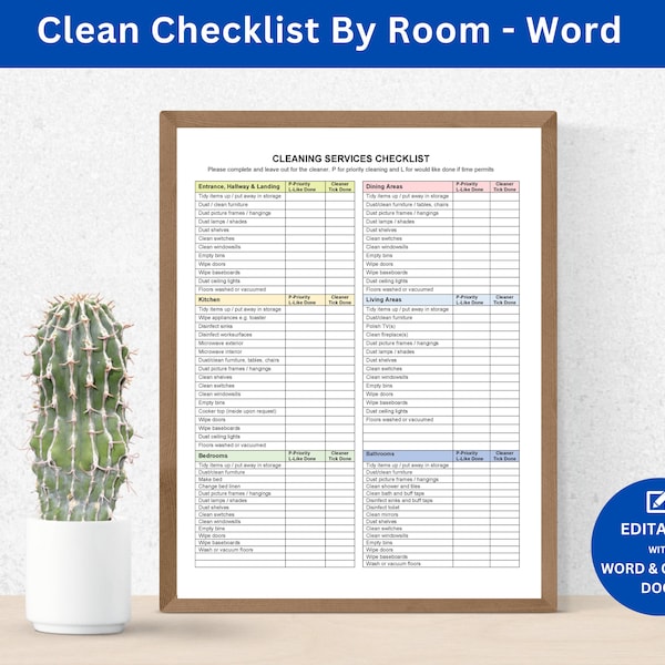 Clean Checklist  a Professional House Cleaning Business Template to Clean Home Room by Room Easy for a Cleaning Company to Edit in Word