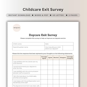 Encuesta de satisfacción con el cuidado infantil Formulario de comentarios sobre la salida de la guardería Revisión de la salida de los padres de preescolar Entrevista de guardería Cuestionario de mejora Word