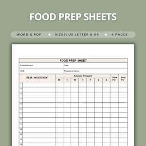 May include: A printable food prep sheet document featuring a grid layout with columns for item or ingredient, amount prepped for each day of the week, and par levels. The header includes fields for establishment, date, shift, and preparer name.