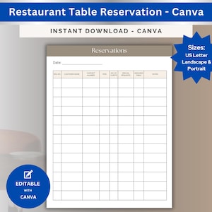 Restaurant Table Reservation Sheet: Printable Planner (PDF Canva)
