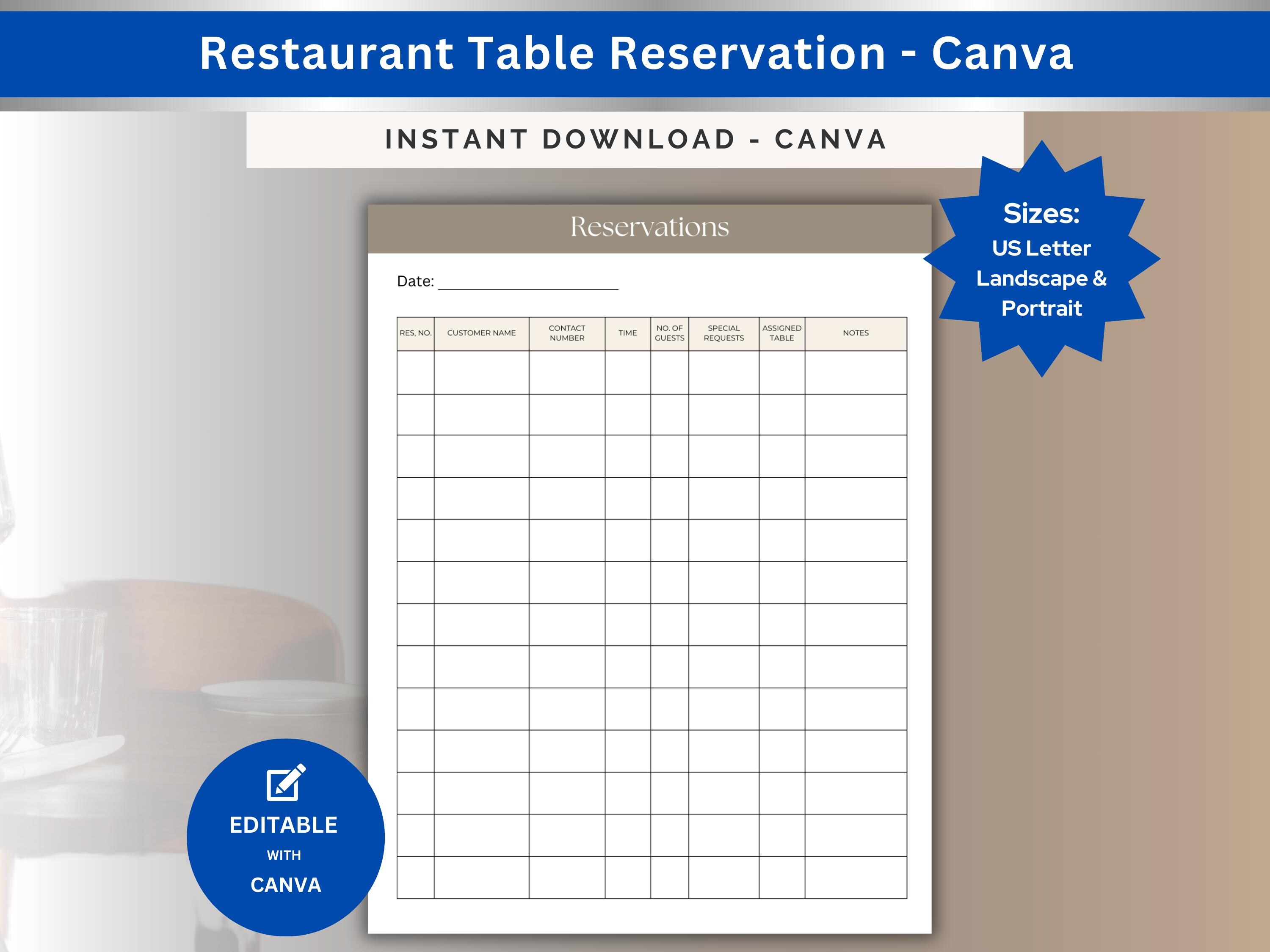 Restaurant Table Reservation Sheet: Printable Planner (PDF Canva) - Etsy