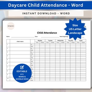 デイケア出席サインインシート、サインアウトシート、デイケア日報、子供トラッカー、チェックインチェックアウトシート（Word 編集可能）