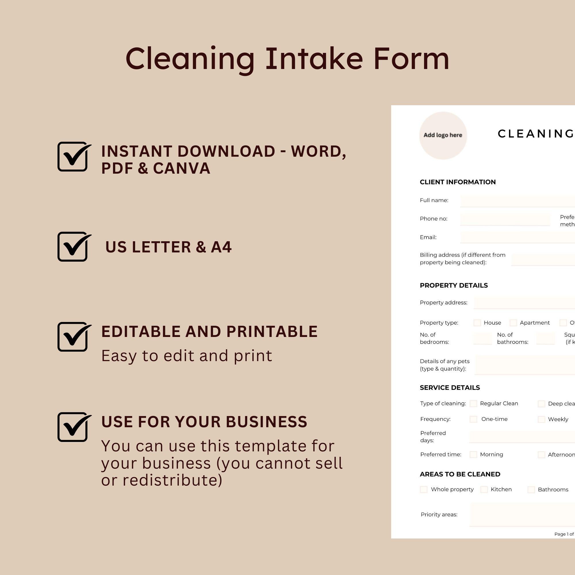 Cleaning Client Intake Form Word Editable Template House Clean Service ...