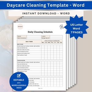 Daycare Cleaning Schedule Template Daily, Weekly, Monthly Cleaning Checklist Printable Childcare Form Editable Word Instant Download PDF
