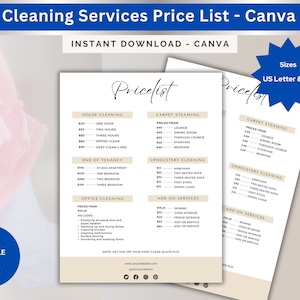 Könnte beinhalten: Eine druckbare Preisliste für Reinigungsdienste in den Formaten US Letter und A4. Die Preisliste ist im minimalistischen Stil mit beigefarbenem Hintergrund und schwarzem Text gestaltet. Das Dokument enthält Preise für die Reinigung von Häusern, Teppichreinigung, Endreinigung, Polsterreinigung und Büroreinigung. Das Dokument enthält auch zusätzliche Dienstleistungen wie Backofenreinigung, Kühlschrankreinigung und Fensterreinigung.