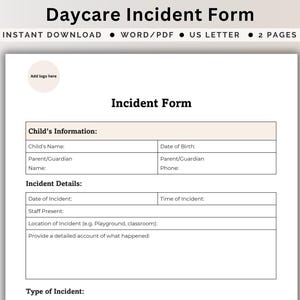 Modello di rapporto sugli incidenti per l'assistenza all'infanzia, registro degli incidenti con morsi, monitoraggio degli incidenti minori, registrazione delle cadute in età prescolare, foglio di primo soccorso per infortuni, modulo modificabile