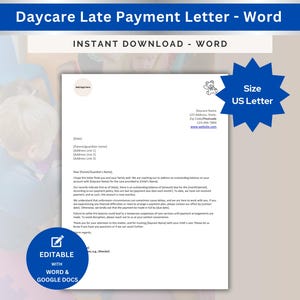Carta de aviso de pagamento atrasado para creche, aviso de taxa de atraso, pagamento atrasado para creche, modelo de carta de lembrete para creche, exemplo, editável em Word