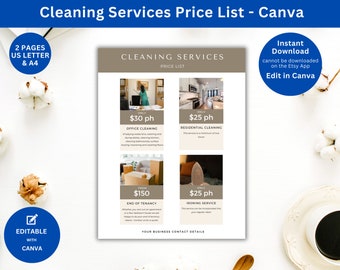 House Cleaning Price Sheet Template for Cleaning Services for Residential Cleaning or Office Clean End of Tenancy Canva Price List Template