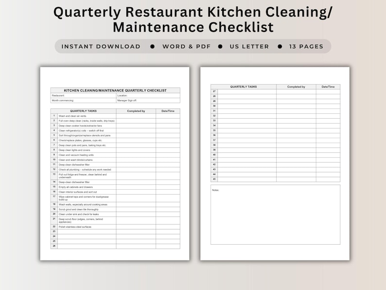Quarterly Restaurant Kitchen Cleaning Checklist