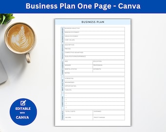 Business Plan One Page Template, Business Plan for Small Business Startup, Business Plan 1 Page Format to Open New Business Edit in Canva