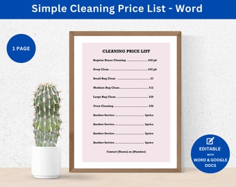 House Clean Price List | Price List Word Template | Cleaning Price List | House Cleaning Business | Editable Cleaning Price List CPL03