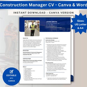 Puede incluir: Una plantilla de currículum vitae de gerente de construcción azul y blanca con una foto de un hombre con casco y chaleco de seguridad. El currículum incluye secciones para el objetivo, la experiencia profesional, la educación, las certificaciones, las habilidades y los logros clave. La plantilla es editable con Canva y está disponible en tamaños US Letter y A4.