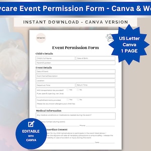 Daycare Event Permission Form Childcare Trip Nursery Parent Consent PDF Outing Printable Preschool Field Trip Form Editable Slip Word Canva