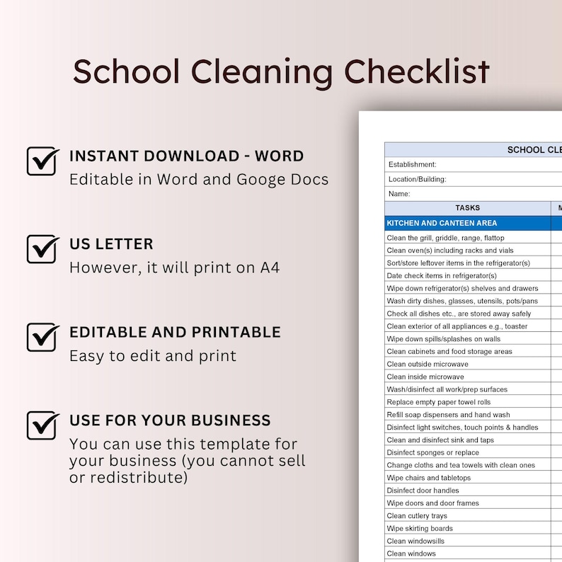 School Cleaning Checklist Printable Template Classroom Clean Duties ...