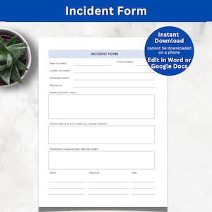 Incident Report Template Word | Incident Report Word | Accident Reporting Form | Incident Report for Employee | Template for Incident Report
