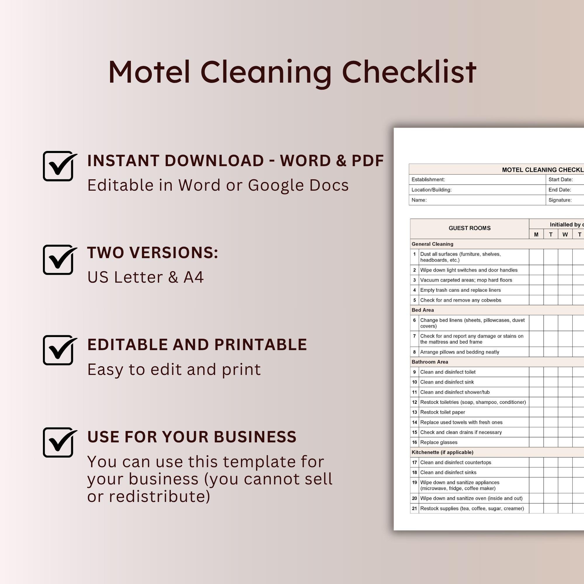Motel Cleaning Checklist Template Guest Room Clean Schedule ...