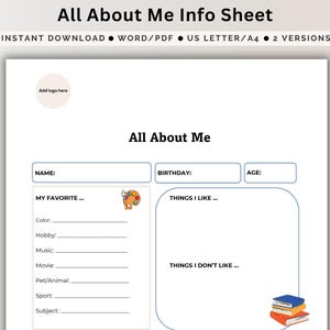 Daycare All About Me Template Child  Profile Information Sheet Printable PDF Getting To Know Me Editable Early Years Introduction Activity