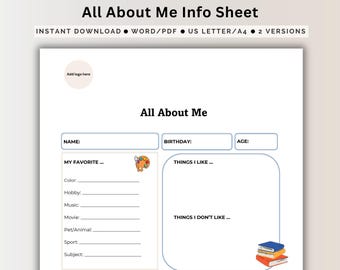 Daycare All About Me Template Child  Profile Information Sheet Printable PDF Getting To Know Me Editable Early Years Introduction Activity