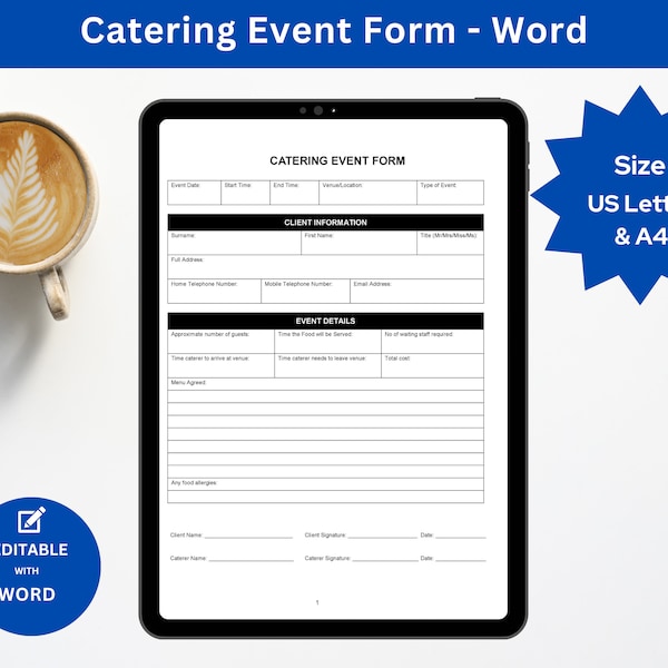 Catering Event Form Caterer Event Template Editable in Word and Google Docs Personal Chef Form Private Catering Event Planning Template