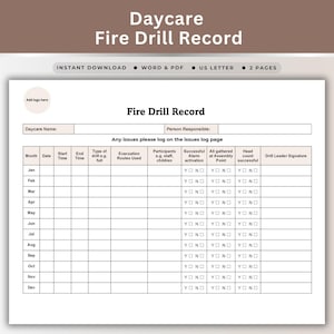 Childcare Fire Drill Record Template Monthly Emergency Evacuation Drill Log Sheet Fire Safety Checklist Compliance Documentation Printable