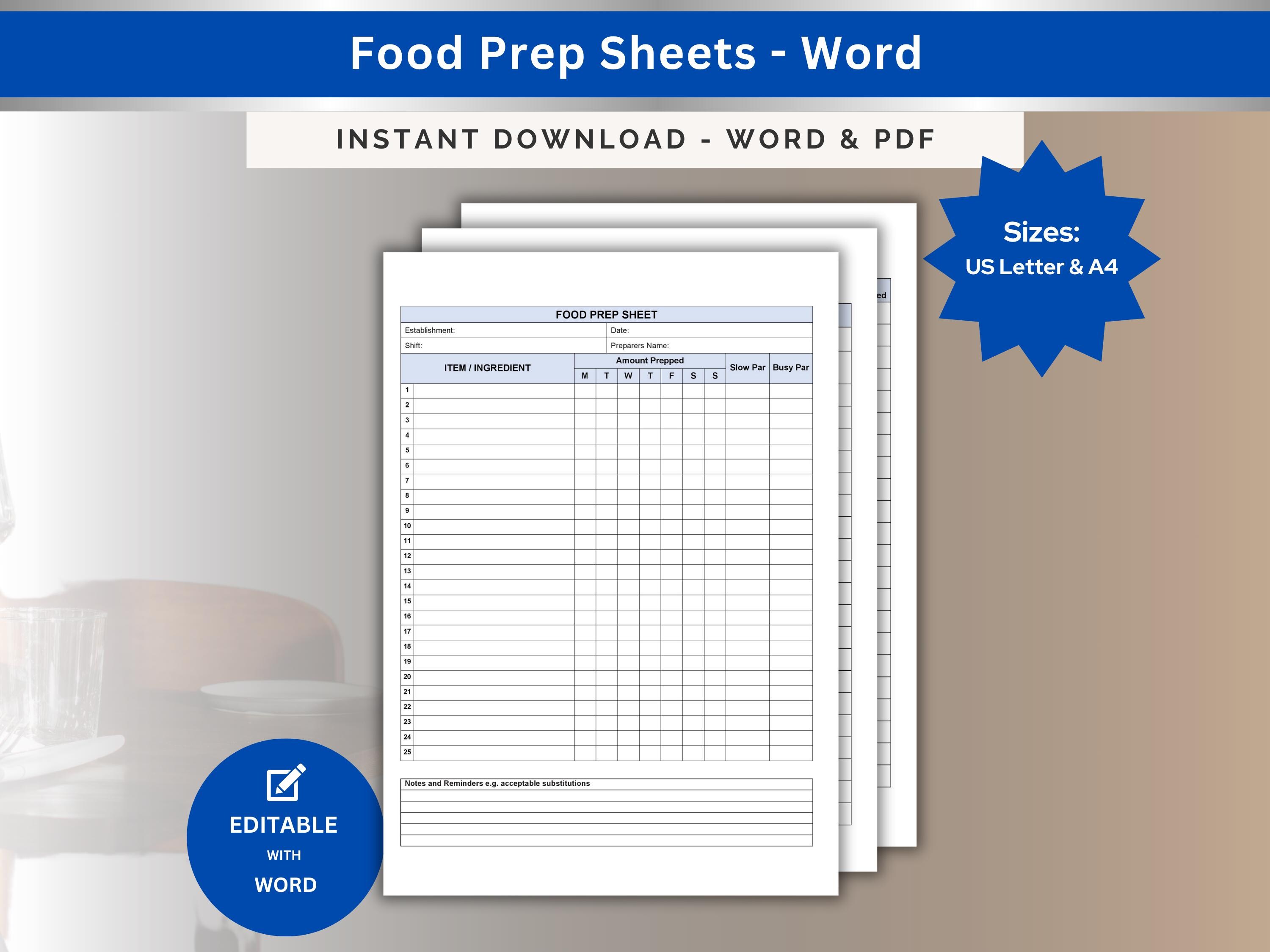 Restaurant Food Prep Sheet: Ingredient Log, Stock Control (word, PDF ...