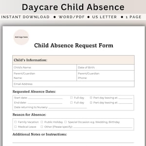 Child Absence Form For Early Childhood Education Centre Time Off Record Holiday Request  Preschool Printable Form Editable Reporting Absence