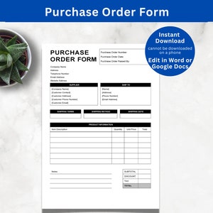 Op de afbeelding: Een zwart-witte bestelformulier sjabloon met koppen voor bedrijfsnaam, adres, telefoonnummer, e-mailadres, websiteadres, leverancier, verzenden naar, verzendvoorwaarden, verzendmethode, verzenddatum, productinformatie, subtotaal, korting, btw en totaal. Het formulier bevat velden voor het invoeren van informatie zoals bestelnummer, besteldatum, bestelnummer, bedrijfsnaam, adres, telefoonnummer, e-mailadres, artikelomschrijving, hoeveelheid, eenheidsprijs en totaal.