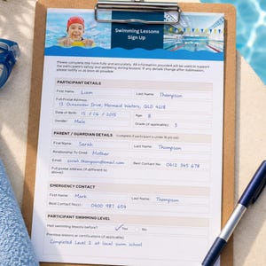 May include: A clipboard with a swimming lessons sign-up form. The form includes fields for participant details, parent/guardian information, and emergency contact. A pen rests on the form, and a photo of a child in a swimming pool is at the top.