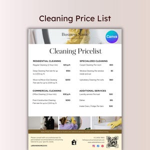 May include: A cleaning price list with the title "Cleaning Price List" and the business name "Business Name". The list includes residential, commercial, specialized, and additional services. The Canva logo is in the upper right corner.