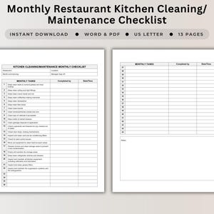 Monthly Restaurant Kitchen Cleaning Checklist