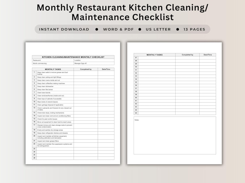 Monthly Restaurant Kitchen Cleaning Checklist