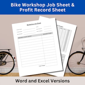 Puede incluir: Una hoja de trabajo de taller de bicicletas y una hoja de registro de ganancias imprimibles. La hoja incluye secciones para el nombre del cliente, el número de contacto, la descripción de la bicicleta, la estimación del trabajo requerido, el cargo estimado y el cargo total.