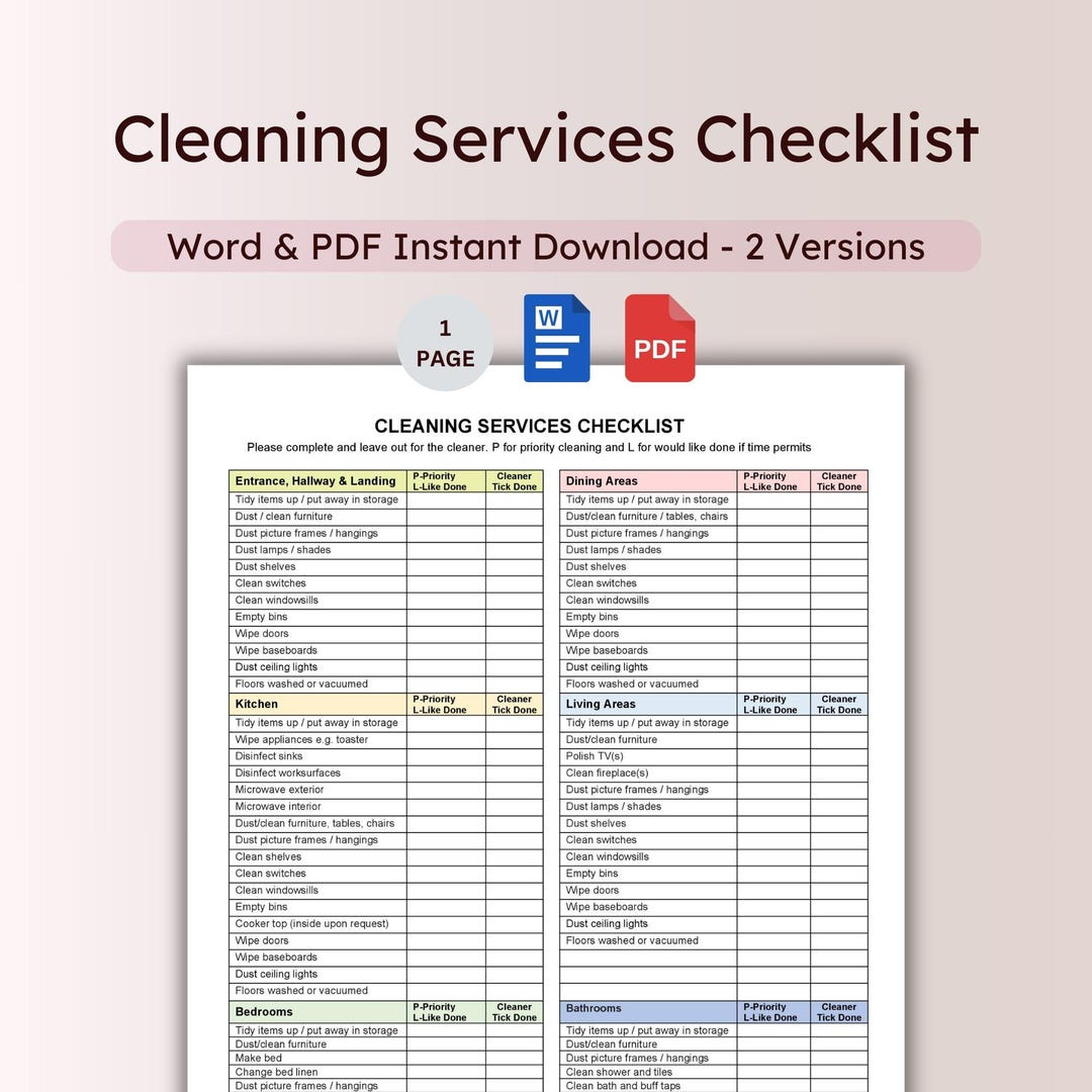 Cleaning Services Checklist Template Cleaner to Complete Tick off Daily ...