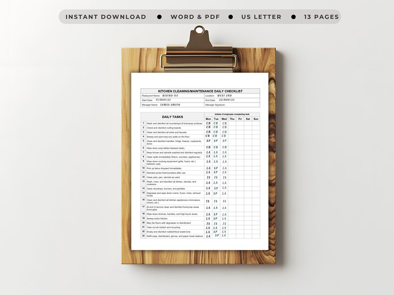 Printable Restaurant Kitchen Cleaning Checklist