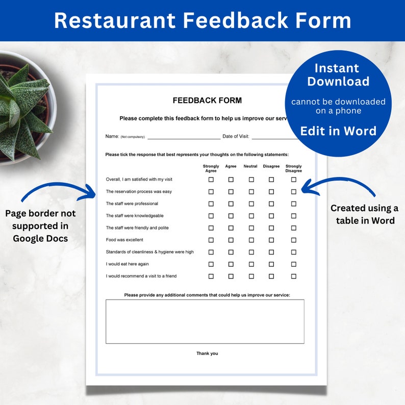 Restaurant Customer Feedback Form Feedback for Restaurant Food Guest