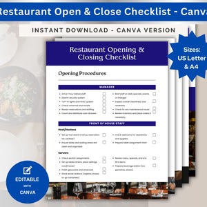 Restaurant Opening Checklist Restaurant Closing Checklist Daily Opening Duties Operations End of Day Checklist Bistro Editable Canva PDF