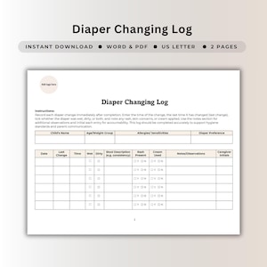 Diaper Changing Log Template Infant Change Record Sheet Baby Care Tracking Form Infant Care Hygiene Record Child Bathroom Routine Log Word