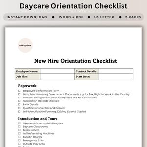 Daycare New Staff Orientation Checklist Template For Onboarding New Hire HR Documentation for Childcare Center Induction Paperwork Employee