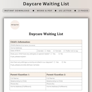 Childcare Provider Waiting List Application Form Preschool Enrolment Waitlist Template Daycare Admission Availability Request  Placement