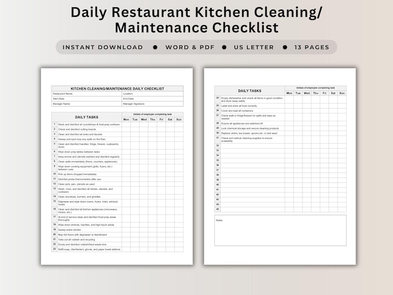 Kitchen Cleaning Checklist Template For Hygiene Inspection
