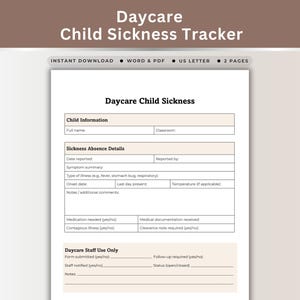 Kita Sickness Tracker Form Druckbare Vorlage für einen Kindergarten-Krankheitstagebuch-Gesundheitscheck-Dokumentation Kleinkind-Fieber- und Erscheinungsbilder