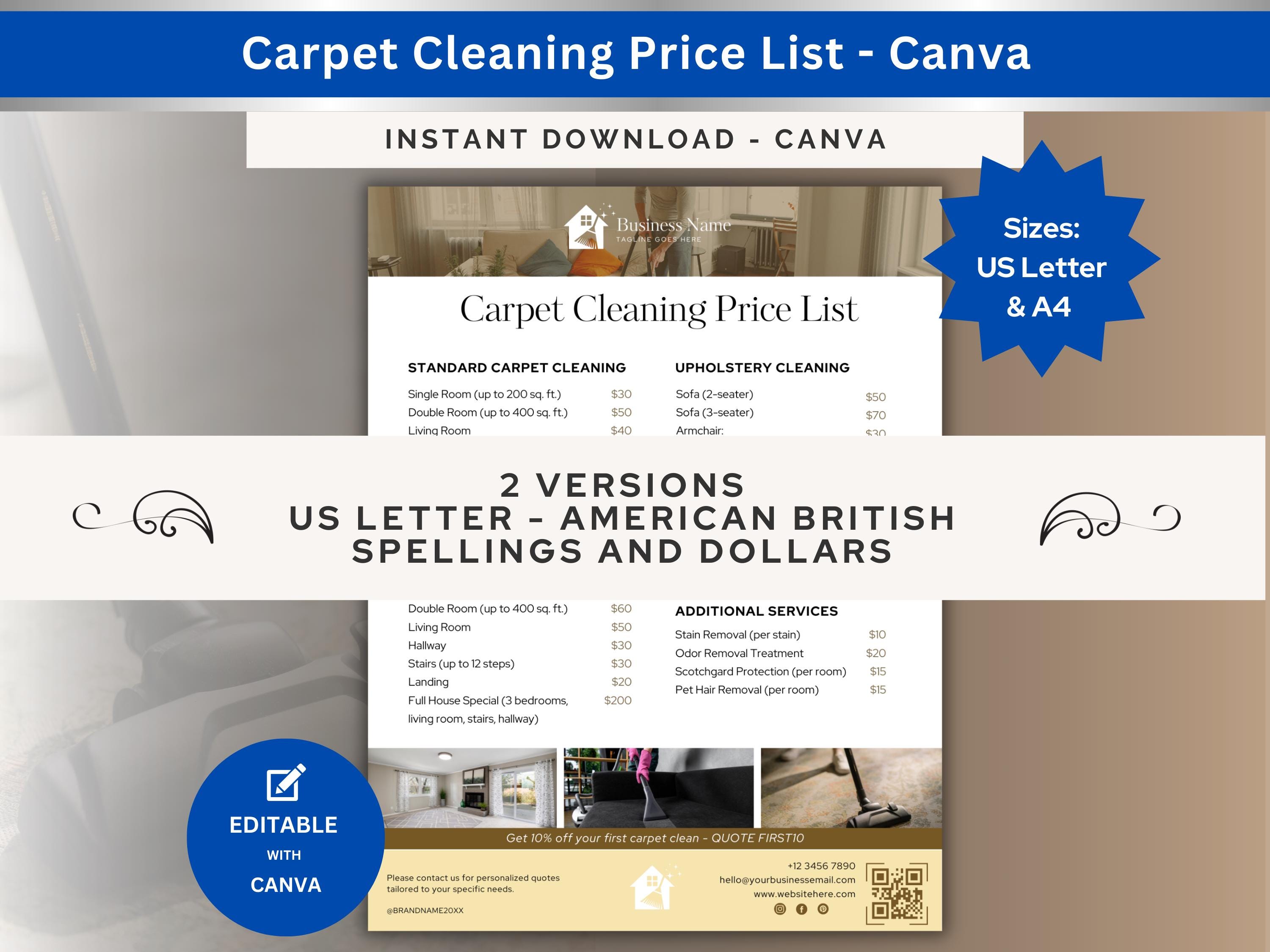Carpet Cleaning Price List Template for Cleaning Business to Clean
