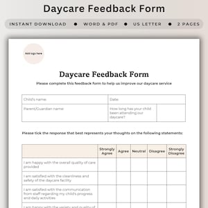 Feedback Form Template For Childcare Parent Satisfaction Survey Home Daycare Evaluation Communication Review Parent Feedback Printable PDF