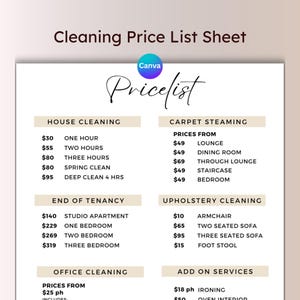 Cleaning Services Price List Template Professional Domestic Clean Pricing Guide Carpet Care Charges List Editable Canva End of Tenancy Rates