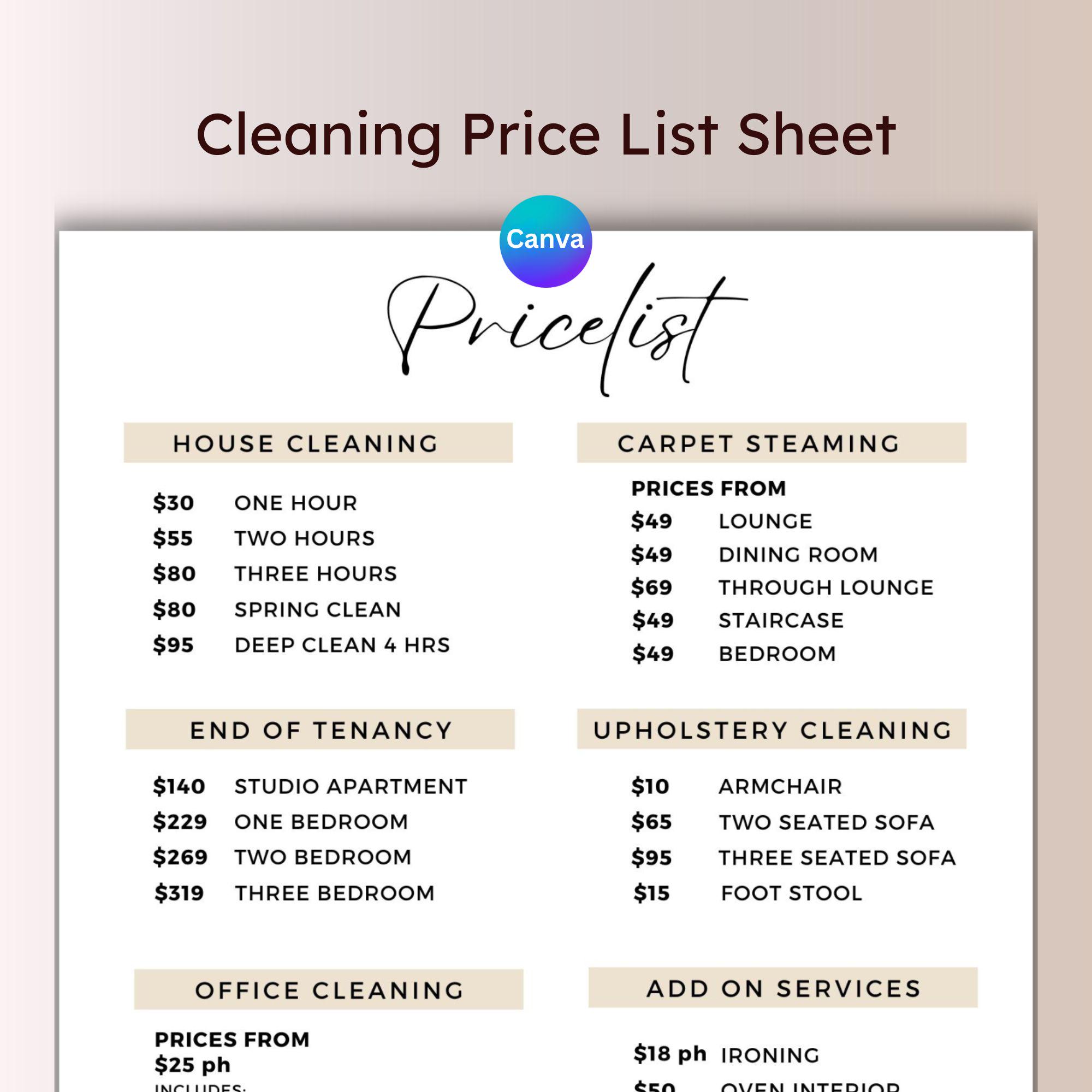 Cleaning Services Price List Template Professional Domestic Clean ...