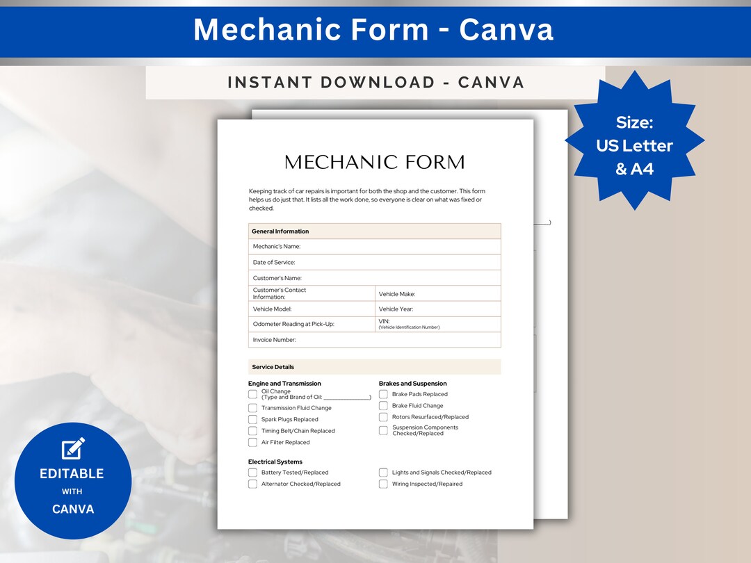 Mechanic Form Template: Automotive Repair Log, Vehicle Maintenance (PDF ...