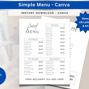 Simple Menu Design Restaurant, Bistro Menu, Cafe Menu Minimalist Menu Template Entrees, Mains and Dessert Editable Canva Black & White Menu