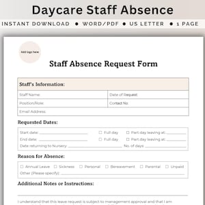 Modulo di assenza del personale della scuola materna, modello di richiesta di ferie annuali, foglio di ferie, documentazione delle vacanze degli insegnanti, PDF