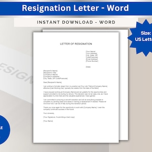Plantilla de carta de renuncia de trabajo formal profesional con aviso simple de dos semanas, Formato de Word, Carta de 2 semanas, Edición de Google Docs